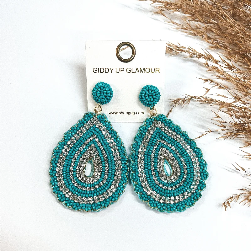 Trendy Dangle Earrings-Sound Wave Beaded Teardrop Earrings with Clear Crystals in Turquoise