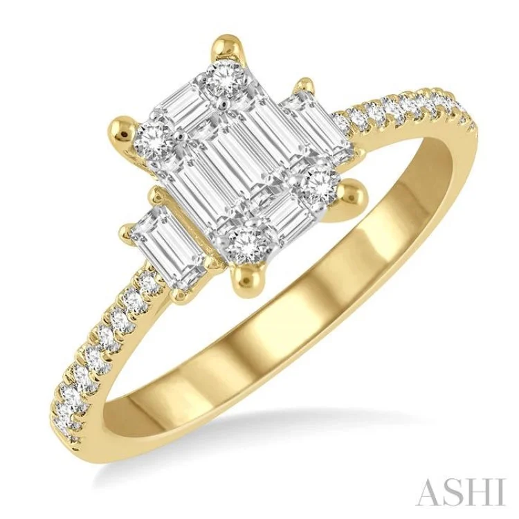 Rose Gold Engagement Ring-5/8 ctw Fusion Baguette and Round Cut Diamond Fashion Ring in 14K Yellow and White Gold