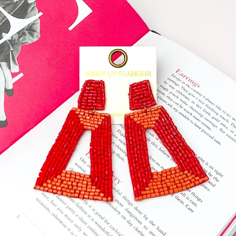 Trendy Earrings for Girls-Beaded Rectangle Designed Earrings in Red, and Orange