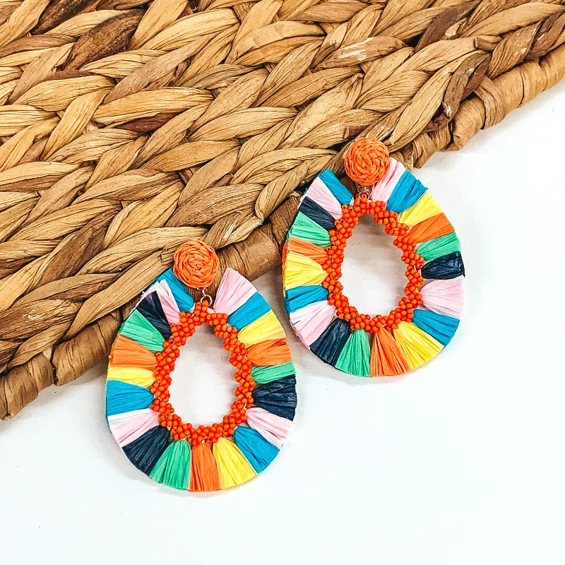 Unique Design Earrings-Siesta Sunsets Raffia Wrapped Open Teardrop Earrings in Multicolored