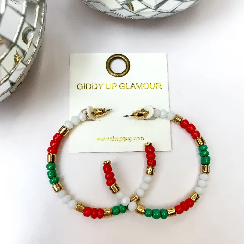 Beaded Dangle Earrings-Candy Cane Lane Hoop Earrings in Gold Tone with Red, White, and Green Beads