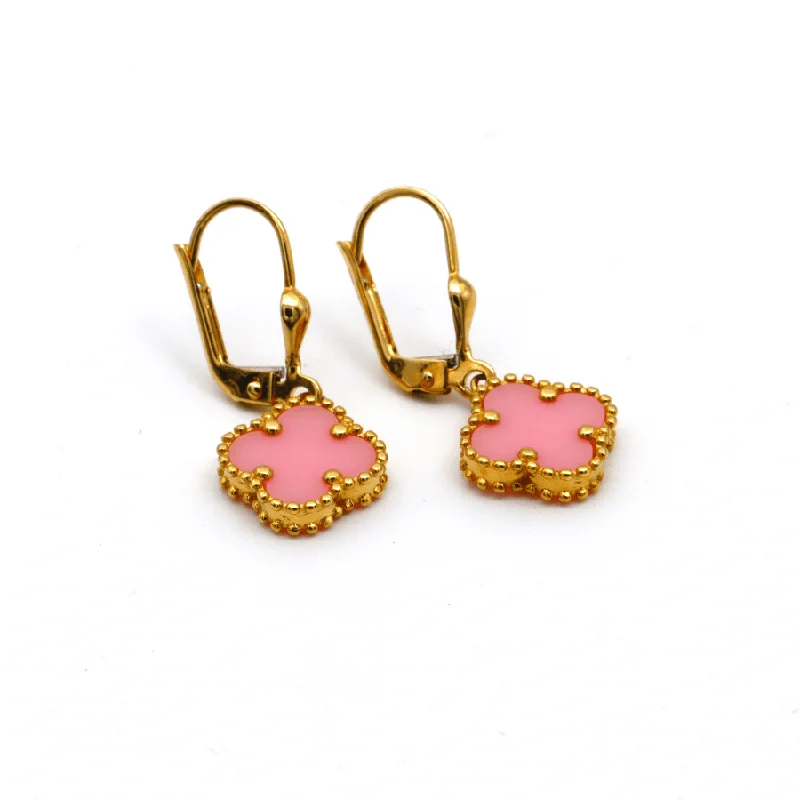 Cute Animal Earrings-Real Gold Pink Clover Hanging Clip Earring Set - Model GZJVN E1923