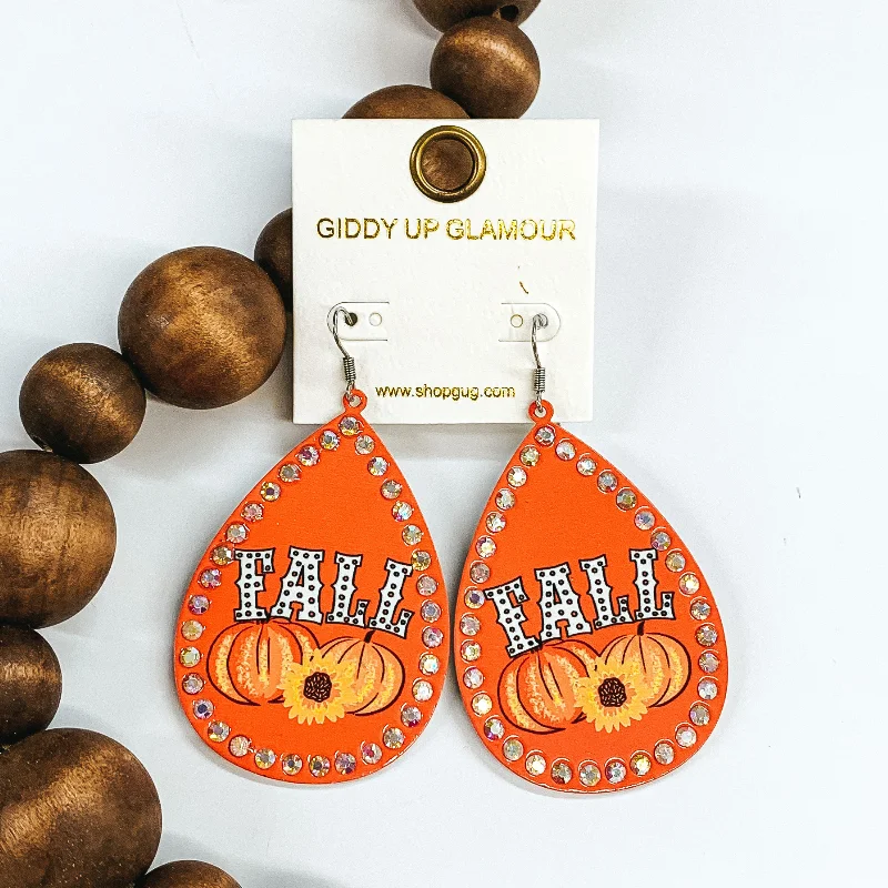 Cute Stud Earrings for Weddings-FALL Orange Teardrop Earrings with AB Crystal Outline