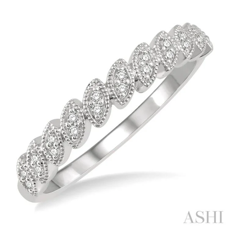 Simple Platinum Wedding Band-1/10 ctw Leaf Motif Round Cut Diamond Stackable Band in 14K White Gold