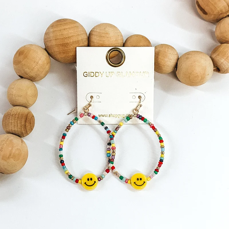 Ethnic Earrings for Women-Beaded Teardrop Earrings with Yellow Happy Face Charm in Multicolored