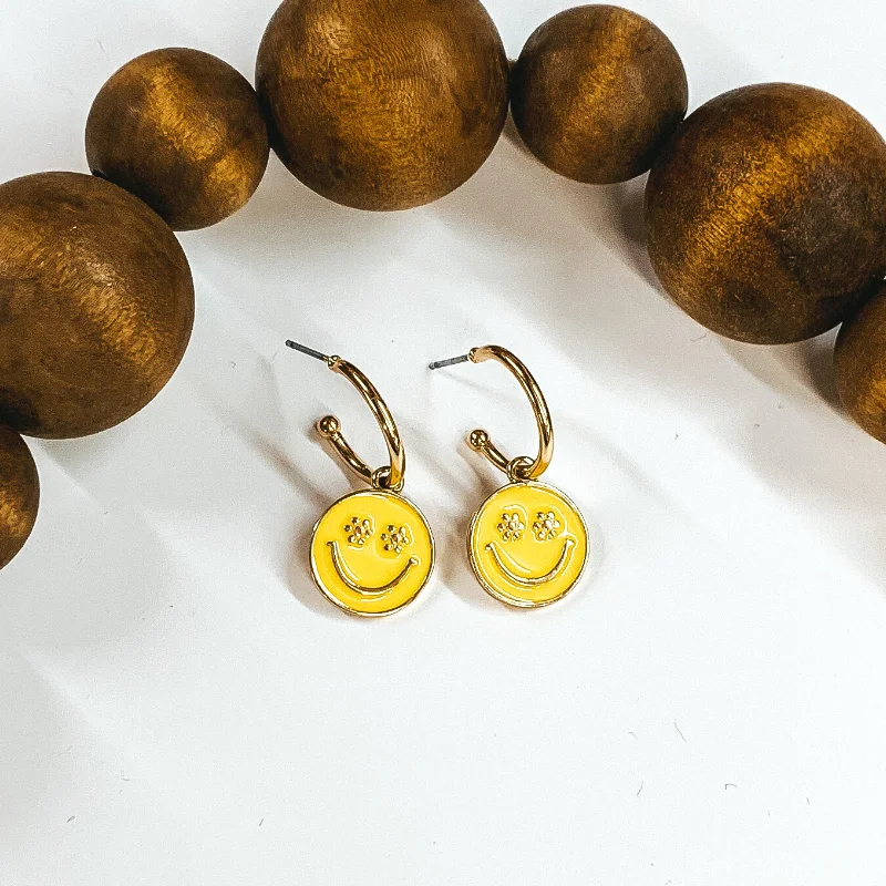 Wedding Earrings for Bride-Gold Tone Hoop Earrings with a Happy Face Circle Pendant in Yellow