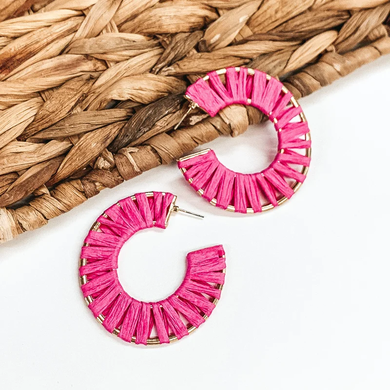 Elegant Jewelry Earrings-Cabana Bound Raffia Wrapped Gold Hoop Earrings in Fuchsia