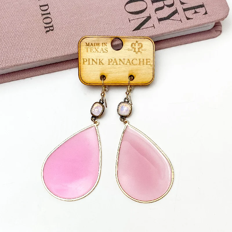 Gemstone Earrings for Brides-Pink Panache | Rose Water Opal Cushion Cut Drop Earrings with Pink Acrylic Teardrop Pendant