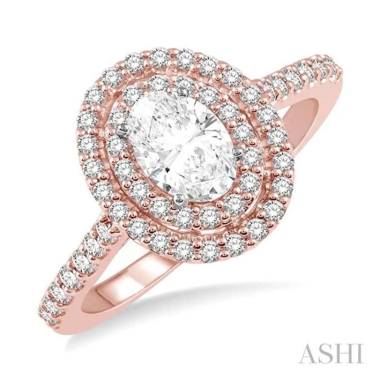 Custom Diamond Band-1/2 ctw Oval Shape Semi-Mount Double Row Diamond Engagement Ring in 14K Rose and White Gold