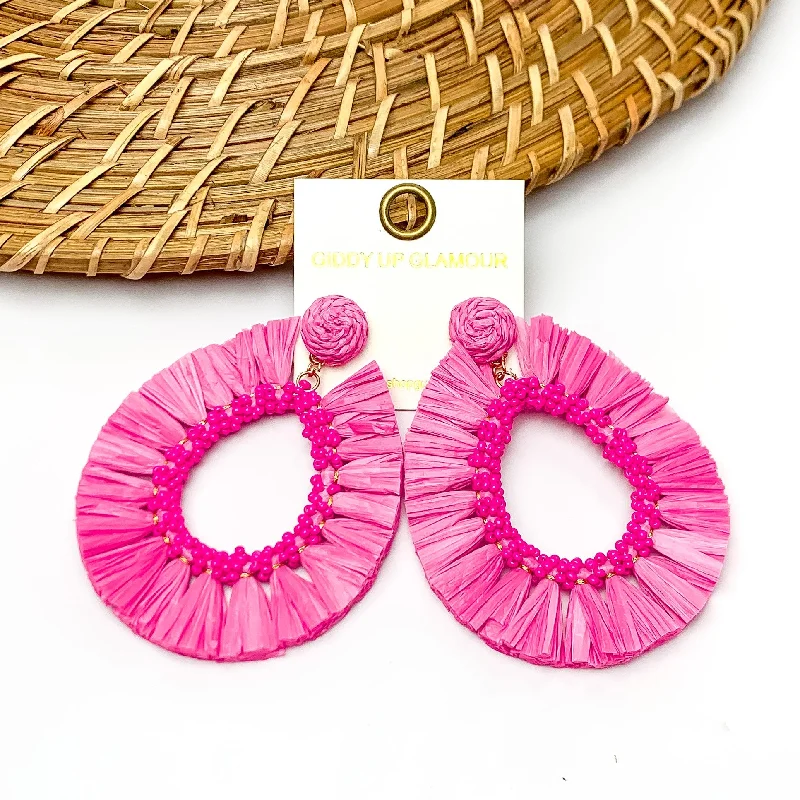 Nature Inspired Earrings-Siesta Sunsets Raffia Wrapped Open Teardrop Earrings in Fuchsia Pink