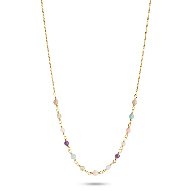 Long Silver Necklace-Mixed coloured Gemstones 18K Gold Plated Necklace