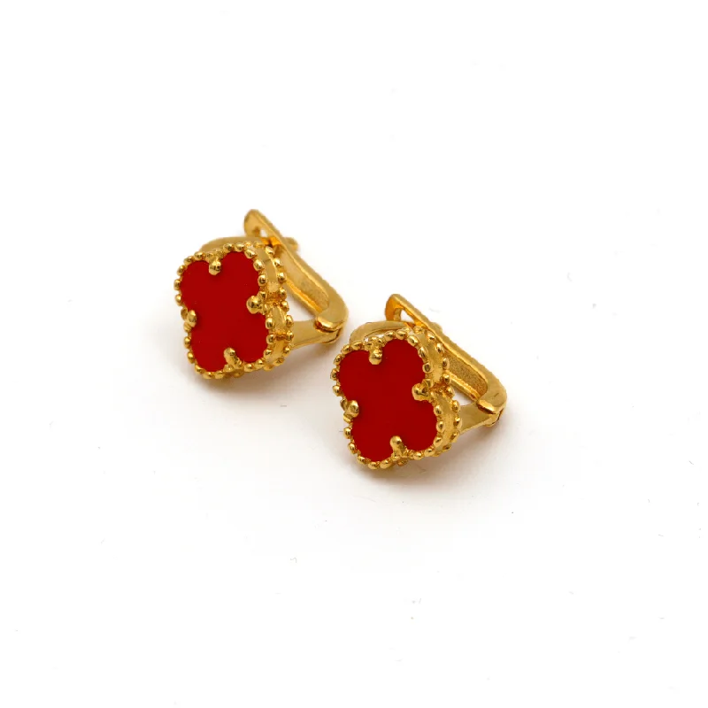 Cute Stud Earrings for Teenagers-Real Gold Red Honey Clover Press Clip Earring Set - Model GZJVN E1926