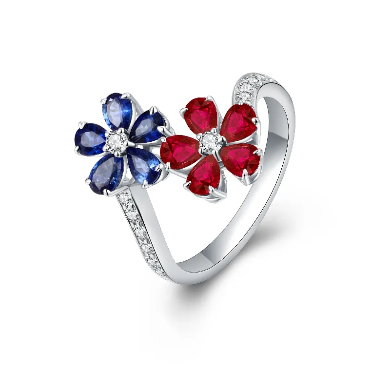 Elegant Silver Ring for Women-Natural Sapphire & Ruby and White Diamond Ring