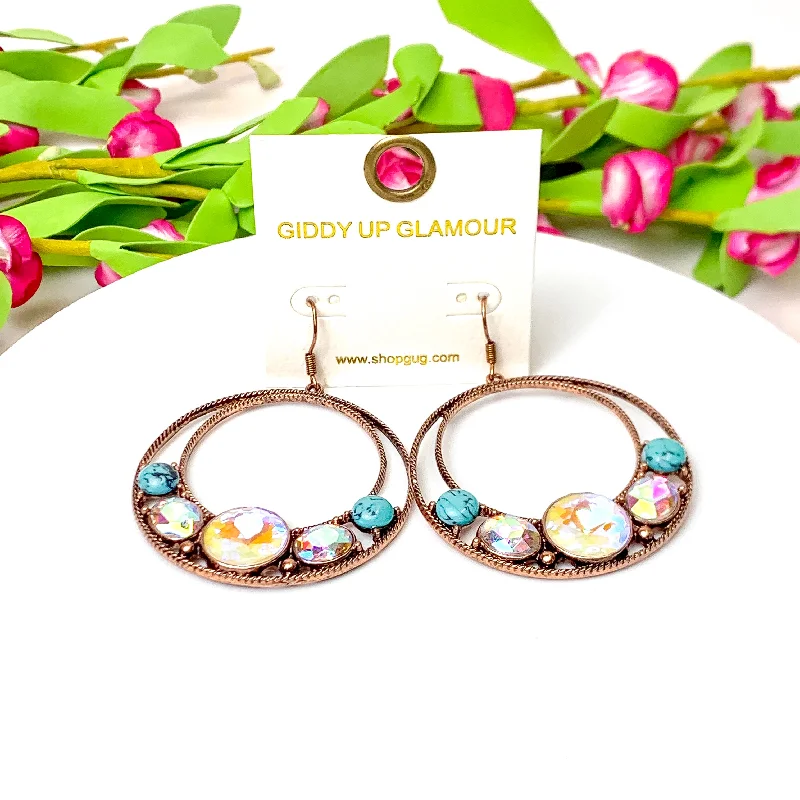 Vintage Earrings for Women-Ethereal Edge Copper Tone Circle Drop Earrings with Faux Turquoise Stones in Ivory