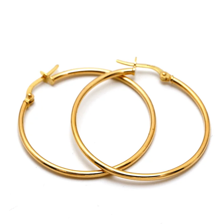 Gemstone Earrings for Brides-Real Gold Round Plain Loop Earring Set ( 3 cm ) 5501/2 E1769