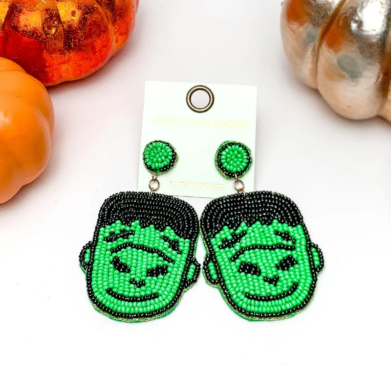 Small Hoop Earrings for Women-Beaded Frankenstein Earrings in Green, and Black