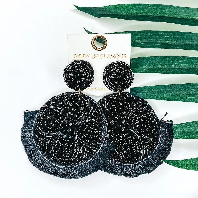 Fashion Earrings for Wedding Day-Large Seedbead and Crystal Beaded Statement Earrings with Fringe Trim in Black