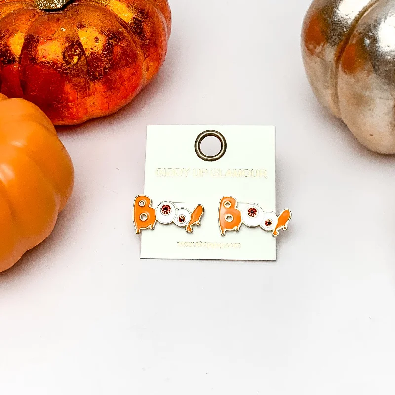 Modern Drop Earrings-Boo Stud Earrings with Red Eyeballs in Orange