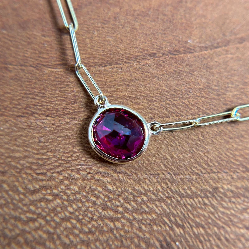 Bohemian Necklace with Stones-Vintage Cushion Cut Ruby on 14K Paperclip Chain