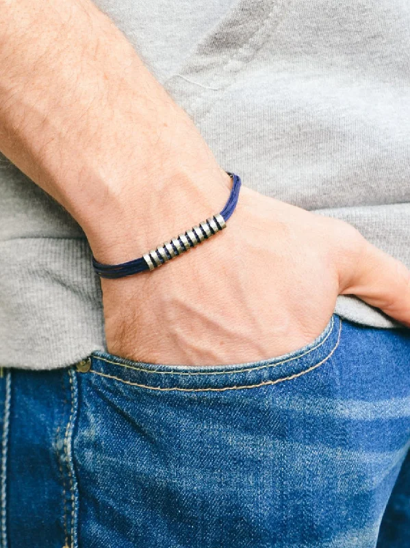 Simple Adjustable Beaded Bracelet-Long striped silver bar bracelet for men, blue cord, gift for him