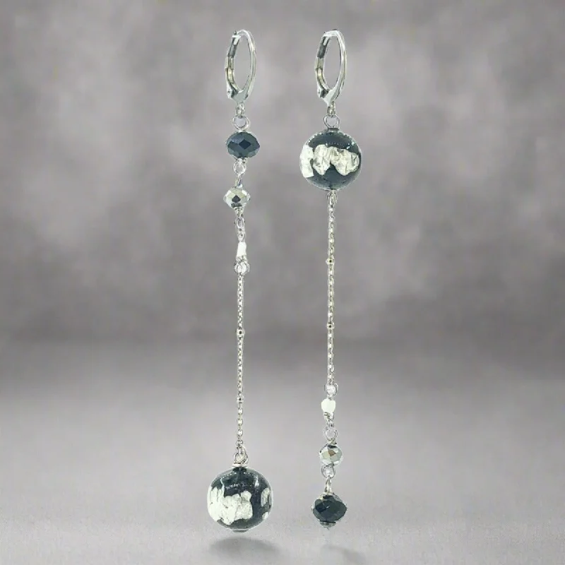 Bridal Earrings with Diamonds-STST Black & White Murano Glass Bead Inside Out Dangle Earrings