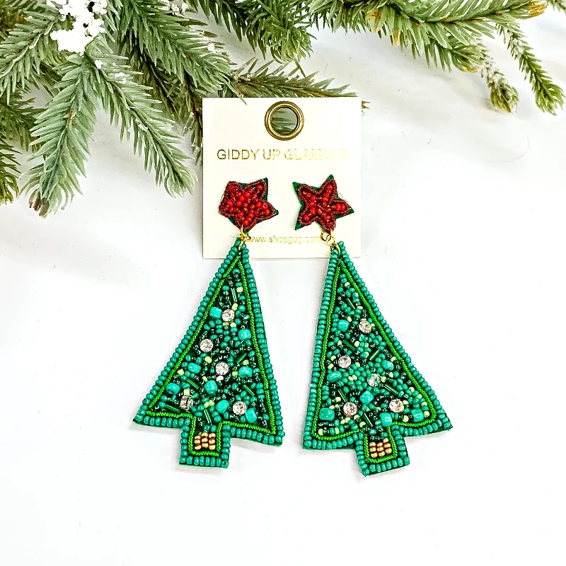 Stylish Hoop Earrings-Joyful Holidays Beaded Triangle Christmas Tree Earrings with a Red Star and Clear Crystals