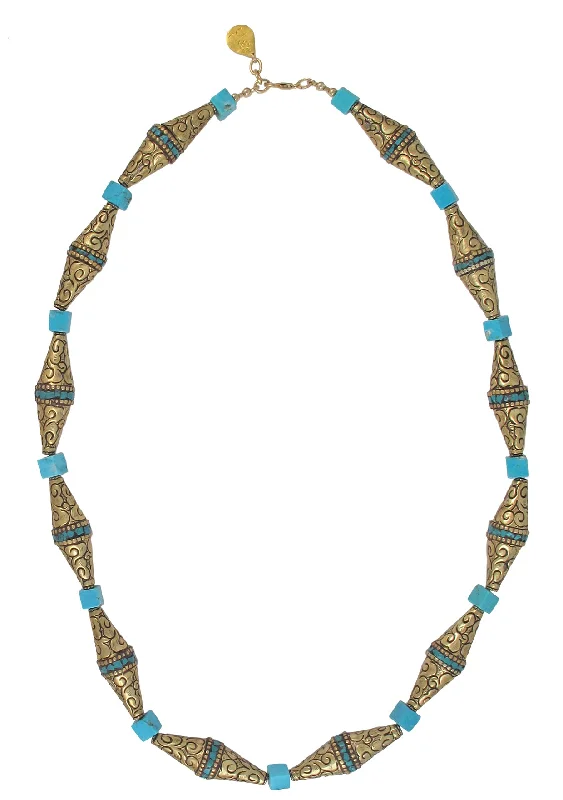 Colored Gemstone Necklace-Carved Brass and Turquoise Necklace