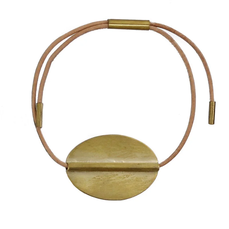 Stackable Silver Bracelets-Aga Bracelet with Oval Brass - Natural Leather