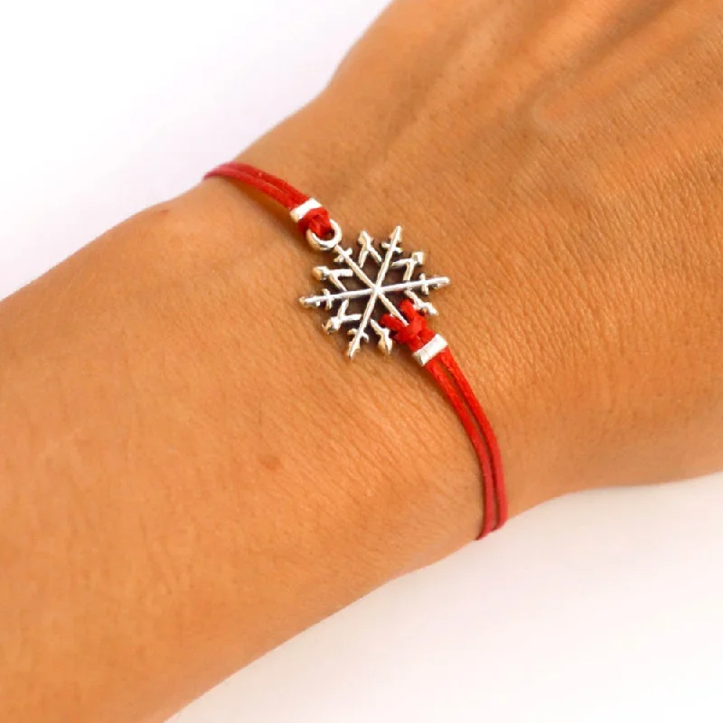 Diamond Bangle Bracelet-Women bracelet with silver snow flake charm, red cord