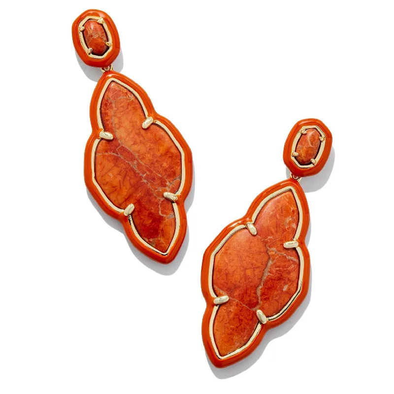 Custom Engraved Earrings-Kendra Scott | Abbie Gold Enamel Frame Statement Earrings in Variegated Orange Magnesite