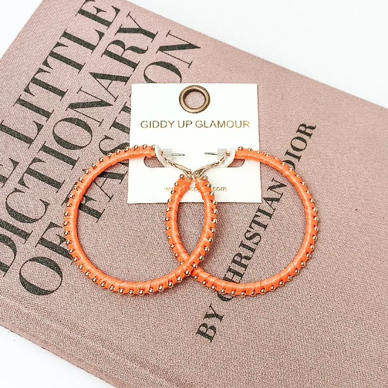 Trendy Earrings for Bridesmaids-Circle Gold Tone Beaded Hoop Earrings in Orange