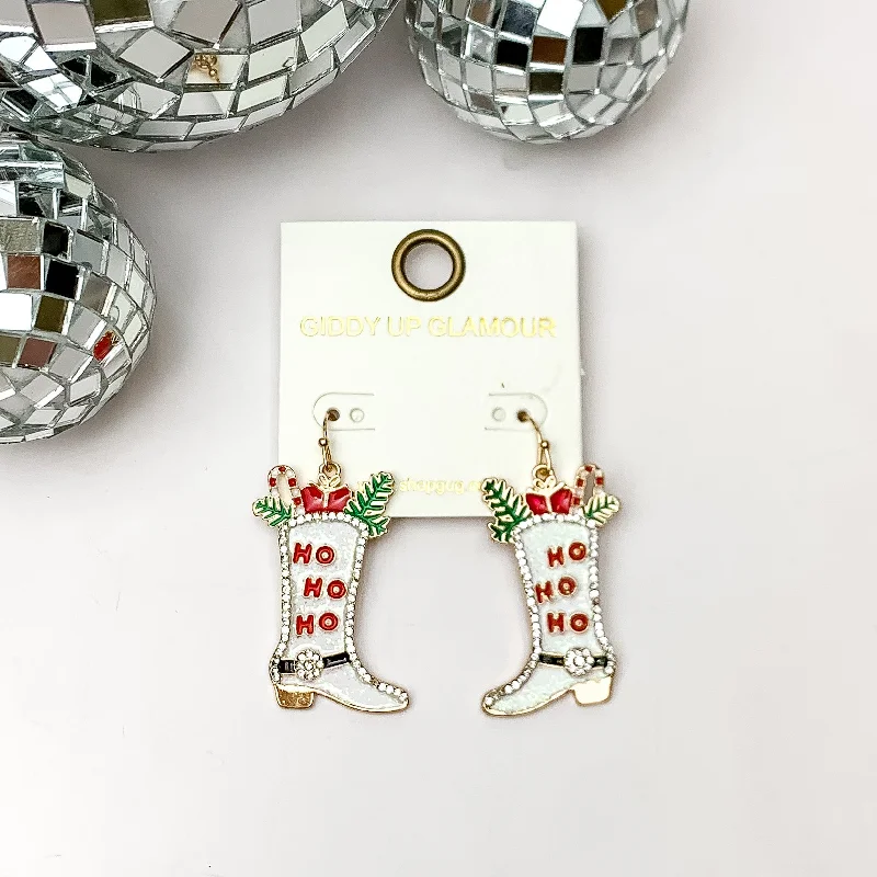 Large Drop Earrings for Weddings-HO HO HO Cowboy Boot Drop Earrings in White