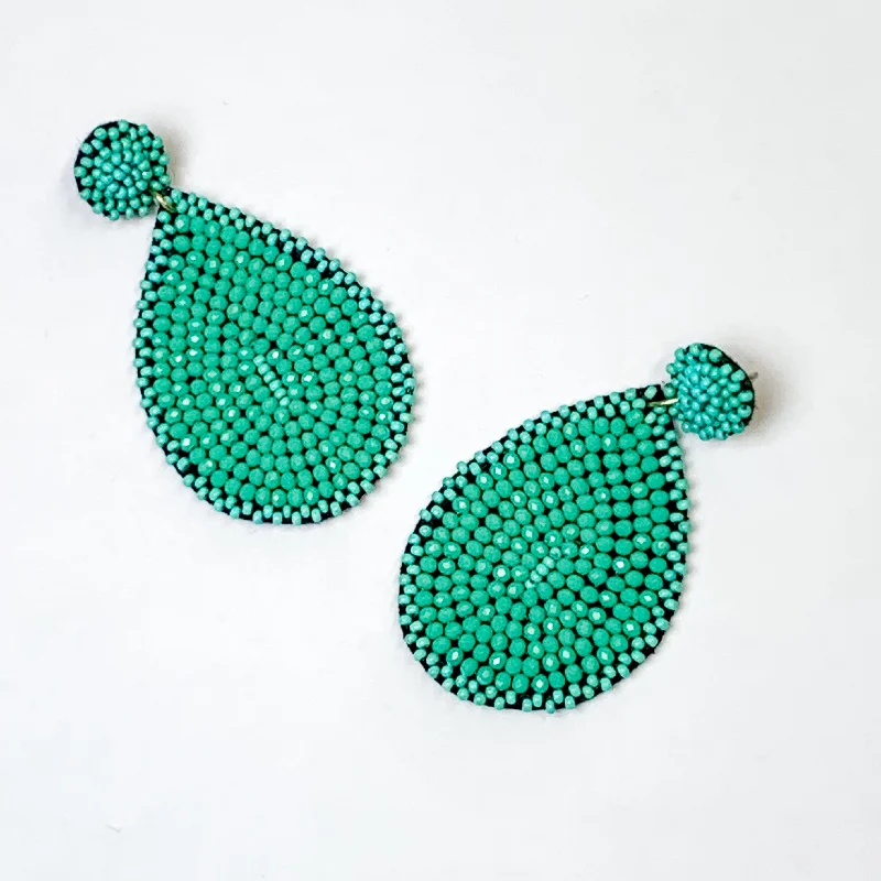 Trendy Drop Earrings-Circle Post Beaded Teardrop Earrings in Turquoise Blue