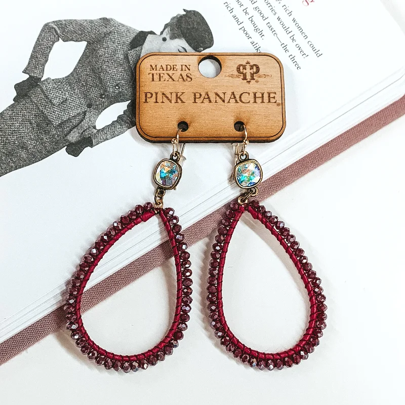 Dainty Gold Earrings-Pink Panache | Burgundy Crystal Beaded Wrapped Teardrop Earrings with Ab Cushion Cut Crystal