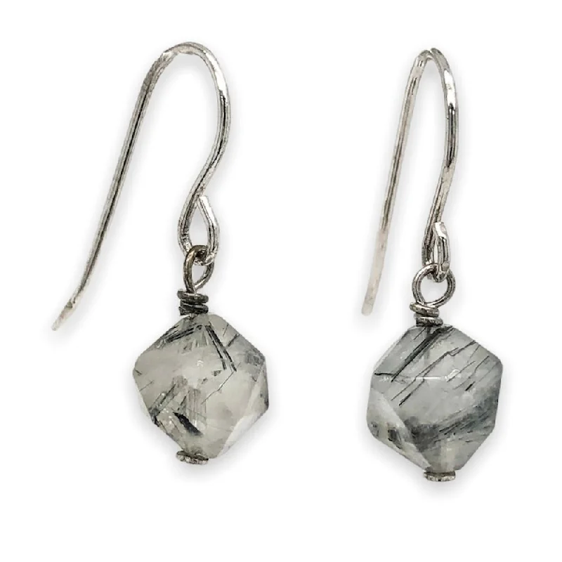 Gorgeous Diamond Earrings-SS Faceted Black Rutilated Quartz Dangle Earrings