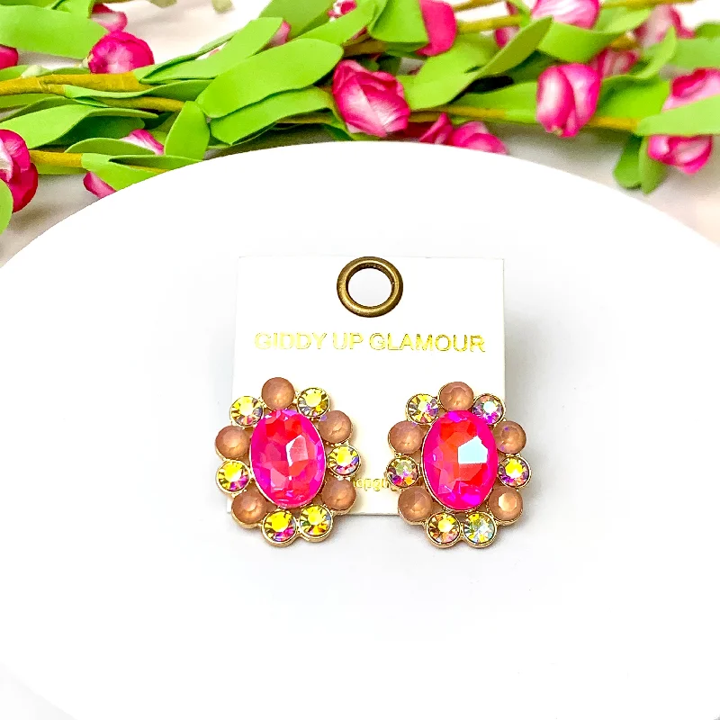 Designer Earrings for Women-Elegant Echoes Gold Tone Oval Concho Stud Earrings in Fuchsia Pink