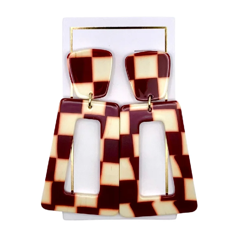 Black Earrings for Women-Linny Co | Kennedy Rectangular Drop Earrings in Maroon Checker