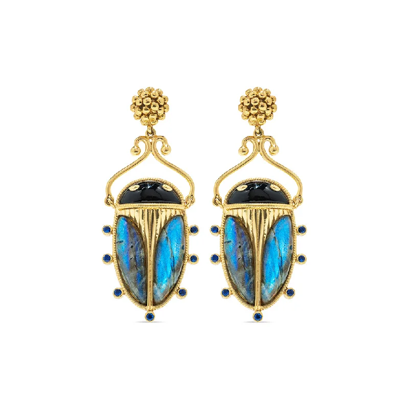 Vintage Earrings for Women-Scarab Berry Drop Earrings - Blue Labradorite/Black Agate