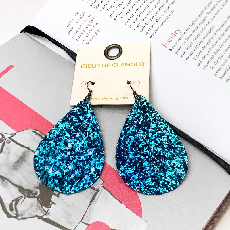 Beaded Dangle Earrings-Teal Blue Glitter Teardrop Earrings