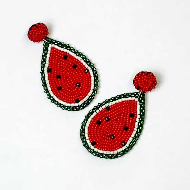 High-End Wedding Earrings-Beaded Watermelon Teardrop Earrings in Red and Green