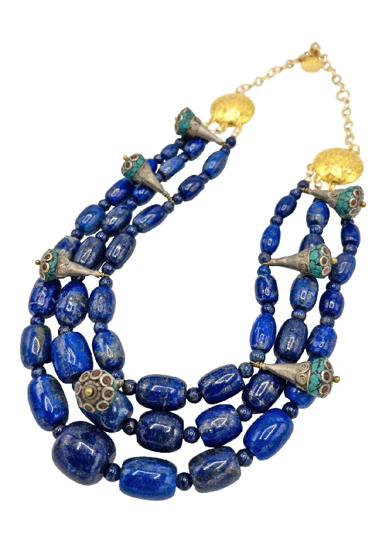 Pearl and Diamond Necklace-Denim Blue Lapis Ethnic Gold Accent Necklace