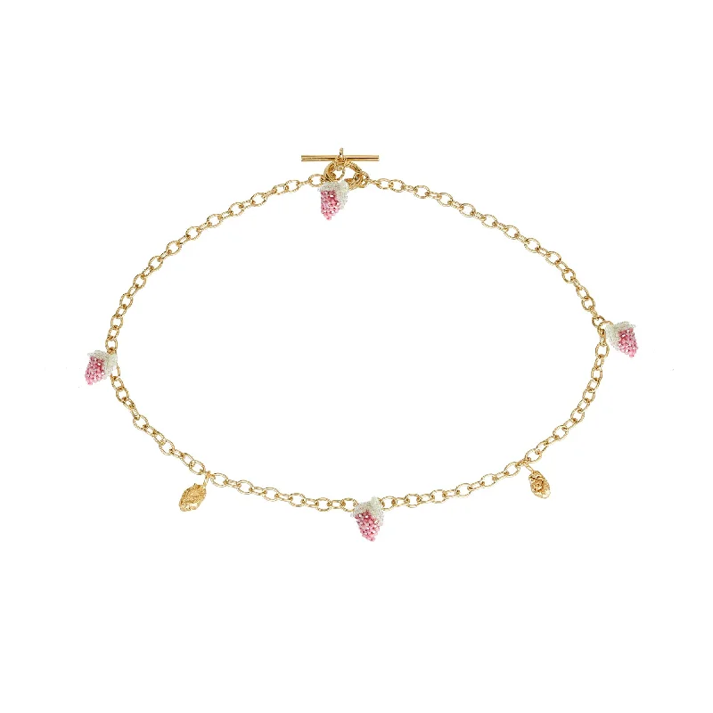 Chic Necklace for Women-Strawberry Blob Necklace Gold Plated, Pink Beads