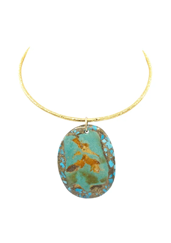 Large Pendant Necklace-Peruvian Copper Infused Turquoise Pendant Gold Bar Necklace