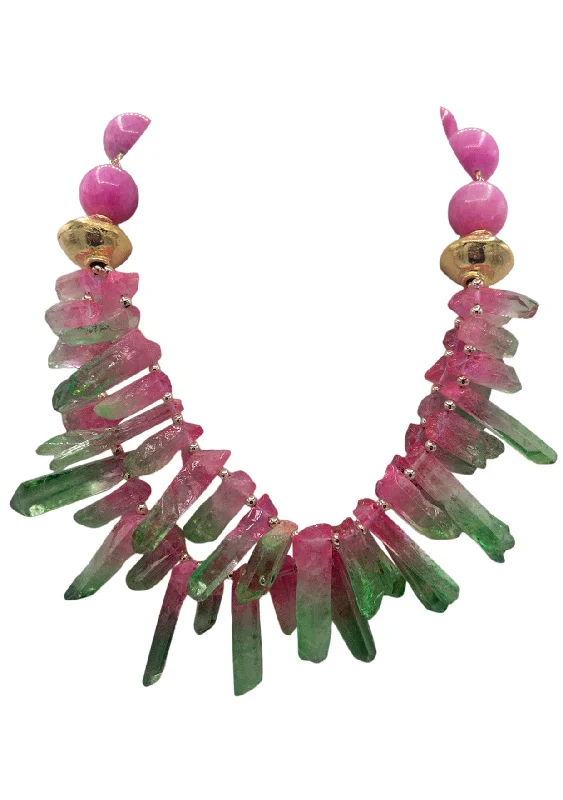 Sparkling Crystal Necklace-Pink Jasper Watermelon Spikes Gold Accent Necklace