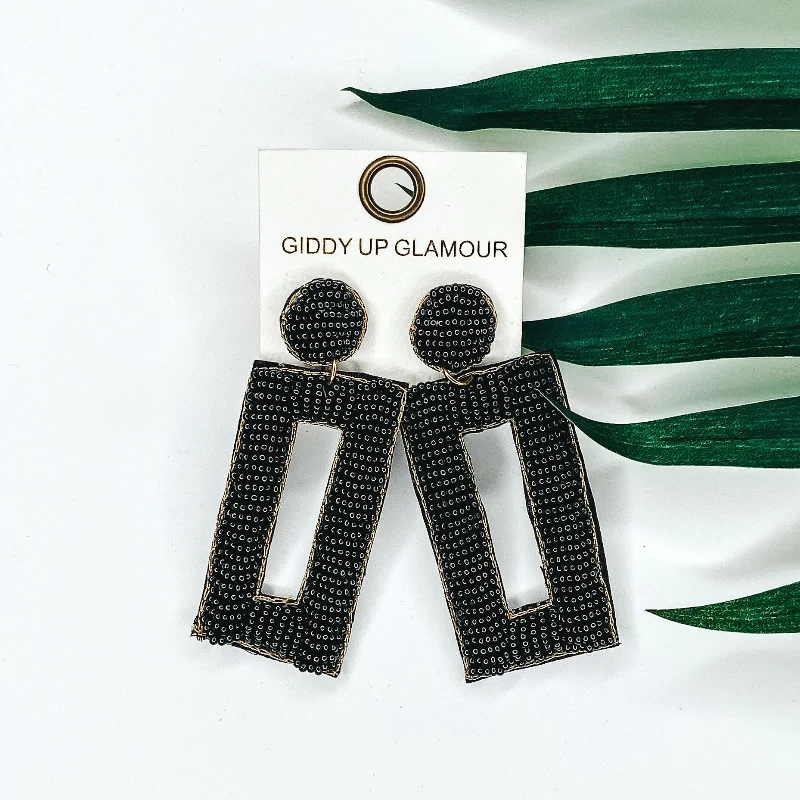 Luxury Gemstone Earrings-Beaded Rectangle Drop Statement Earrings with Gold Trim in Black