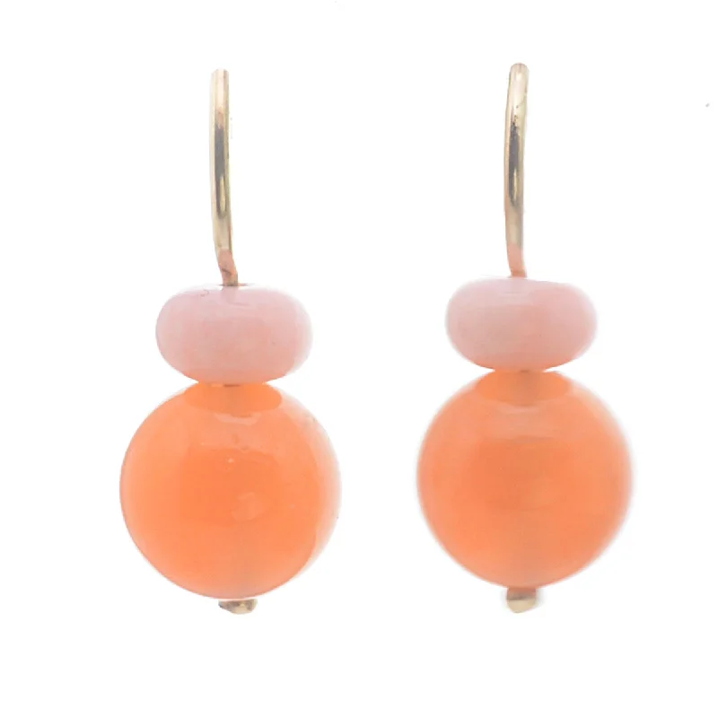 Elegant Gemstone Drop Earrings-Pom Pom Hooplet Earrings Orange Chalcedony Pink Opal