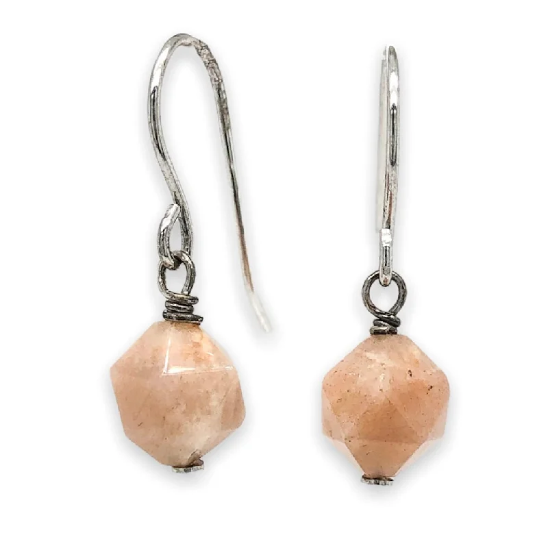 Custom Hoop Earrings-SS Faceted Peach Moonstone Dangle Earrings