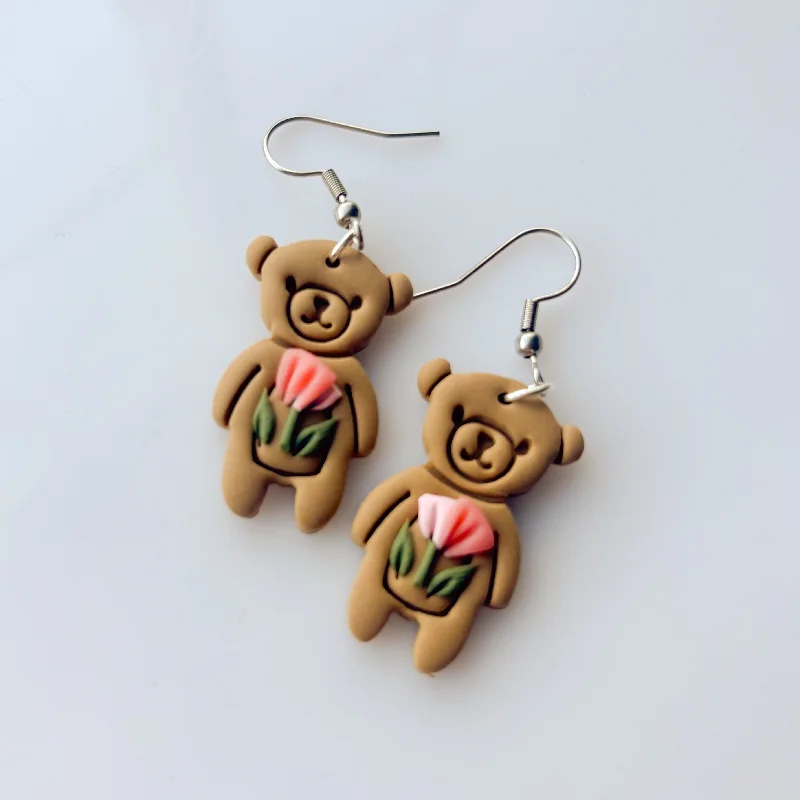 Antique Style Earrings-FLORAL TEDDY BEAR EARRINGS