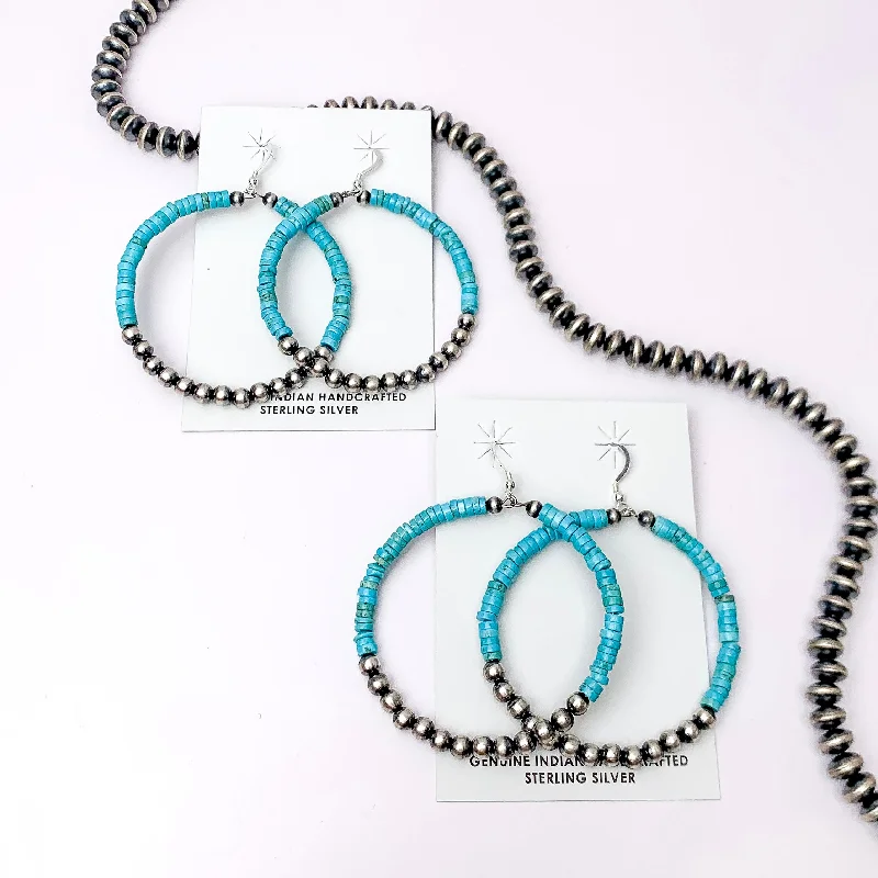 Heart Shaped Earrings-Navajo | Navajo Handmade Sterling Silver Navajo Pearl Hoop Earrings with Turquoise Stones