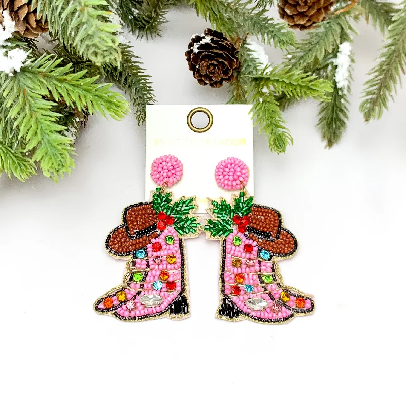 Colorful Drop Earrings for Women-Cowgirl Christmas Beaded Boot Earrings in Pink